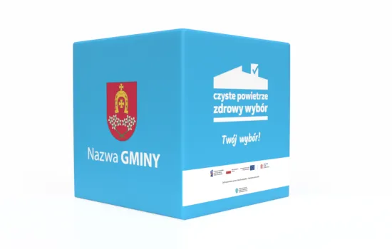 wizualizacja kostki przedcstawiający szycie tkaniny z logiem czyet powietrze programu dla gmin